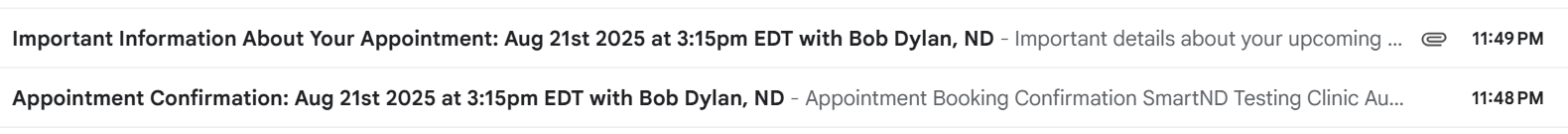 What does an appointment confirmation look like in my Patient's inbox - shows the two appointment confirmation emails that are sent when an appointment is booked that has attachments or intake forms.